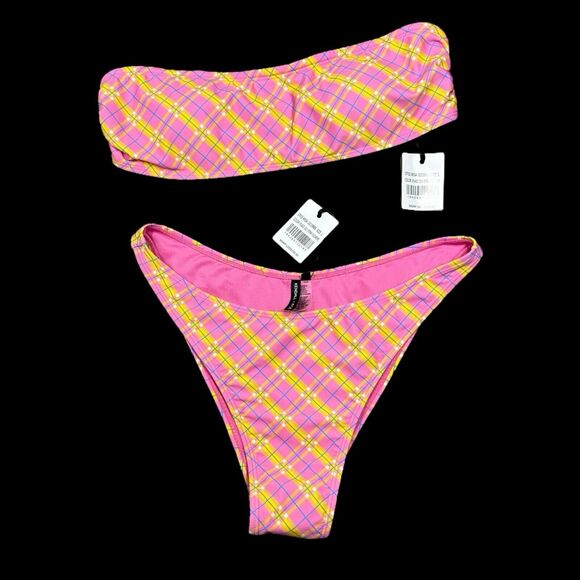 Kendall+Kylie Bikini Set of 2 Size L Pink Yellow Plaid NEW Resort Vacation - Picture 1 of 10